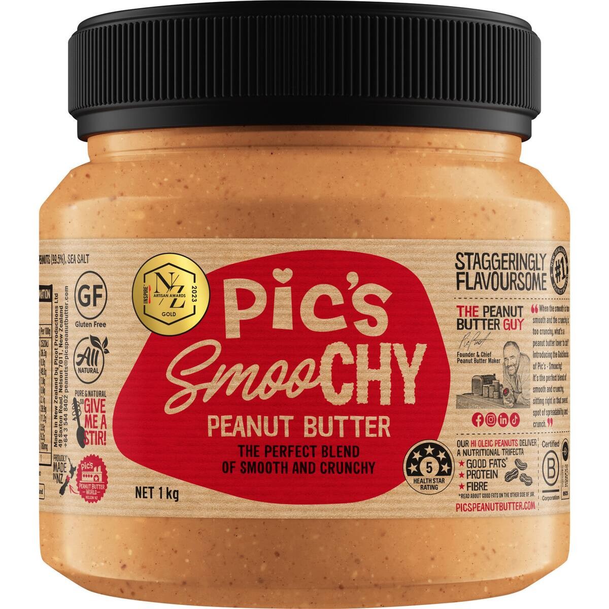 Pics Smoochy Peanut Butter 1kg jar natural New Zealand peanut butter smooth and crunchy blend