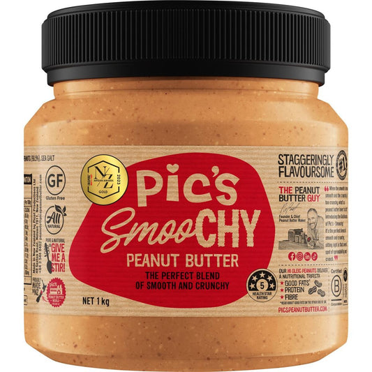 Pics Smoochy Peanut Butter 1kg jar natural New Zealand peanut butter smooth and crunchy blend