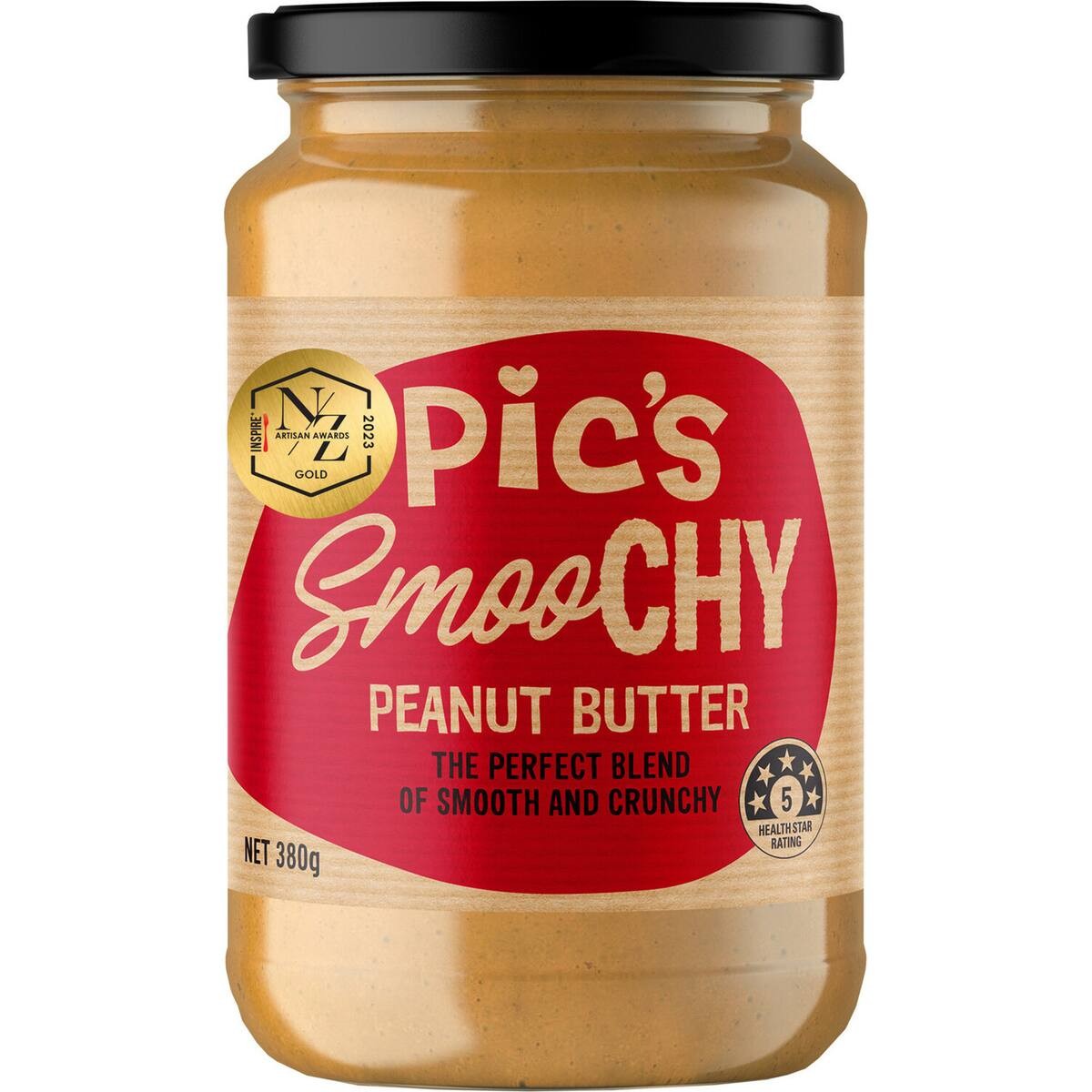 Pics Smoochy Peanut Butter 380g jar New Zealand natural peanut butter smooth and crunchy blend