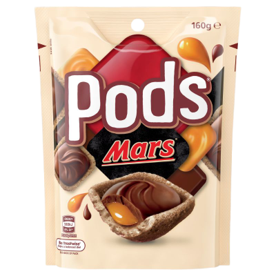 Pods Mars Chocolate Bag 160g crispy wafer shells filled with Mars caramel cream and milk chocolate