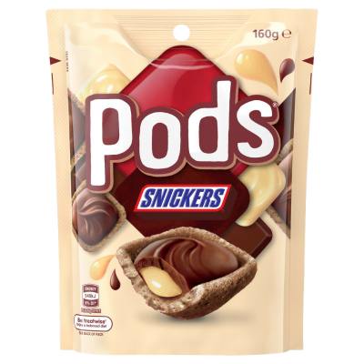 Pods Snickers Chocolate Bag 160g crispy wafer shells filled with Snickers cream and topped with milk chocolate