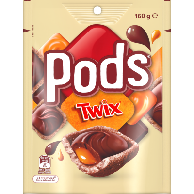 Pods Twix Chocolate Bag 160g crispy wafer shells filled with Twix caramel cream and milk chocolate