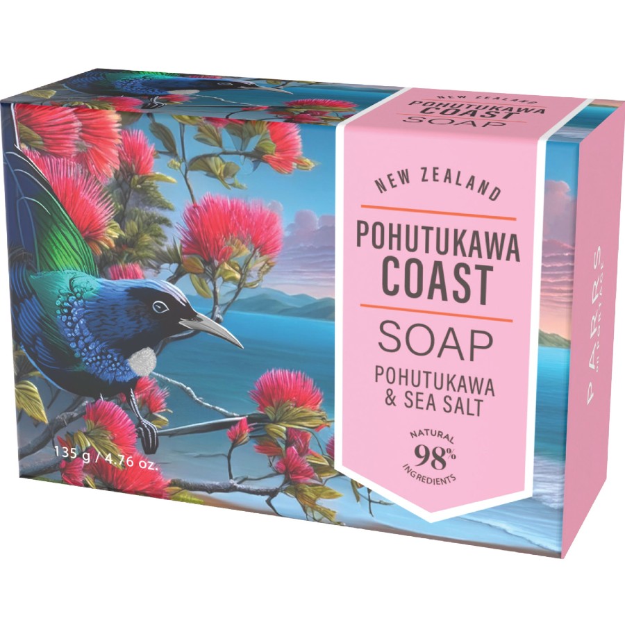 Soap packaging with Pohutukawa Coast branding and New Zealand scenery.