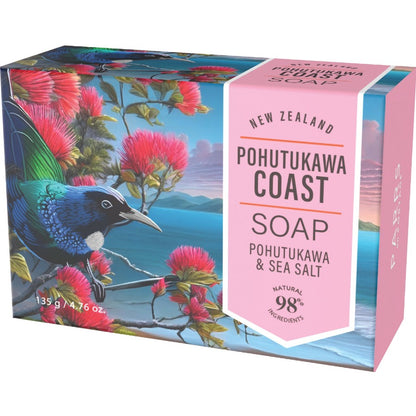 Soap packaging with Pohutukawa Coast branding and New Zealand scenery.