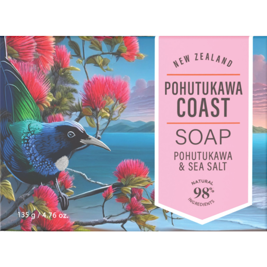Soap bar with Pohutukawa Coast branding and New Zealand scenery on the packaging.