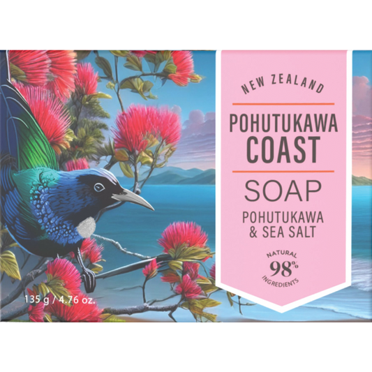 Soap bar with Pohutukawa Coast branding and New Zealand scenery on the packaging.