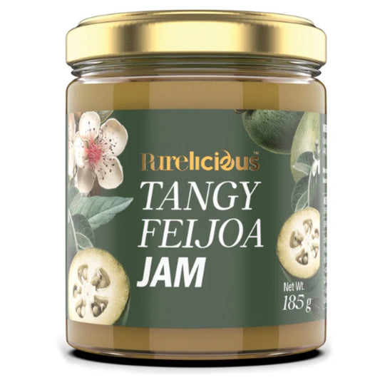 Purelicious Tangy Feijoa Jam 185g glass jar featuring authentic New Zealand feijoas with a pineapple and guava flavor profile