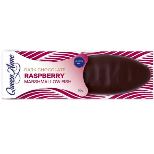 Queen Anne Dark Chocolate Raspberry Marshmallow Fish 50g individually wrapped New Zealand marshmallow fish treat.