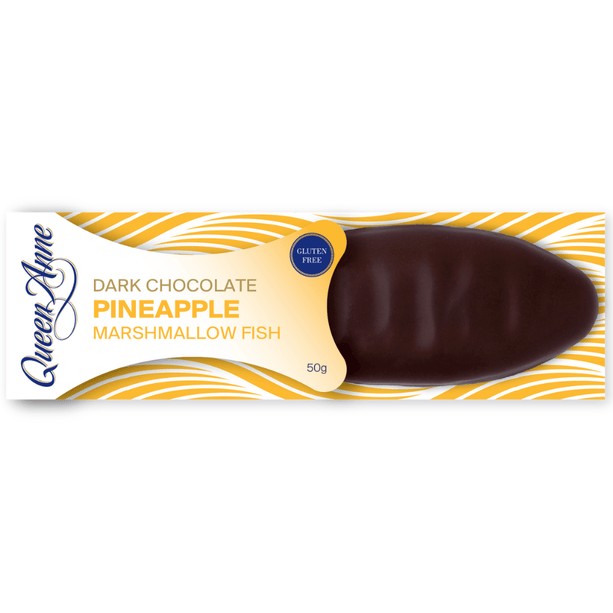 Queen Anne Milk Chocolate Pineapple Marshmallow Fish 50g individually wrapped New Zealand marshmallow fish treat.