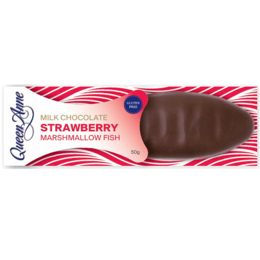 Queen Anne Milk Chocolate Strawberry Marshmallow Fish 50g individually wrapped New Zealand marshmallow fish treat.