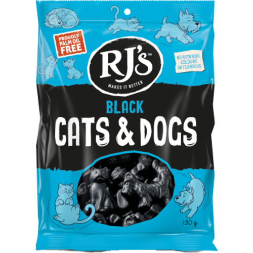 RJs Black Cats and Dogs 130g bag containing cat and dog shaped black licorice lollies made in New Zealand.