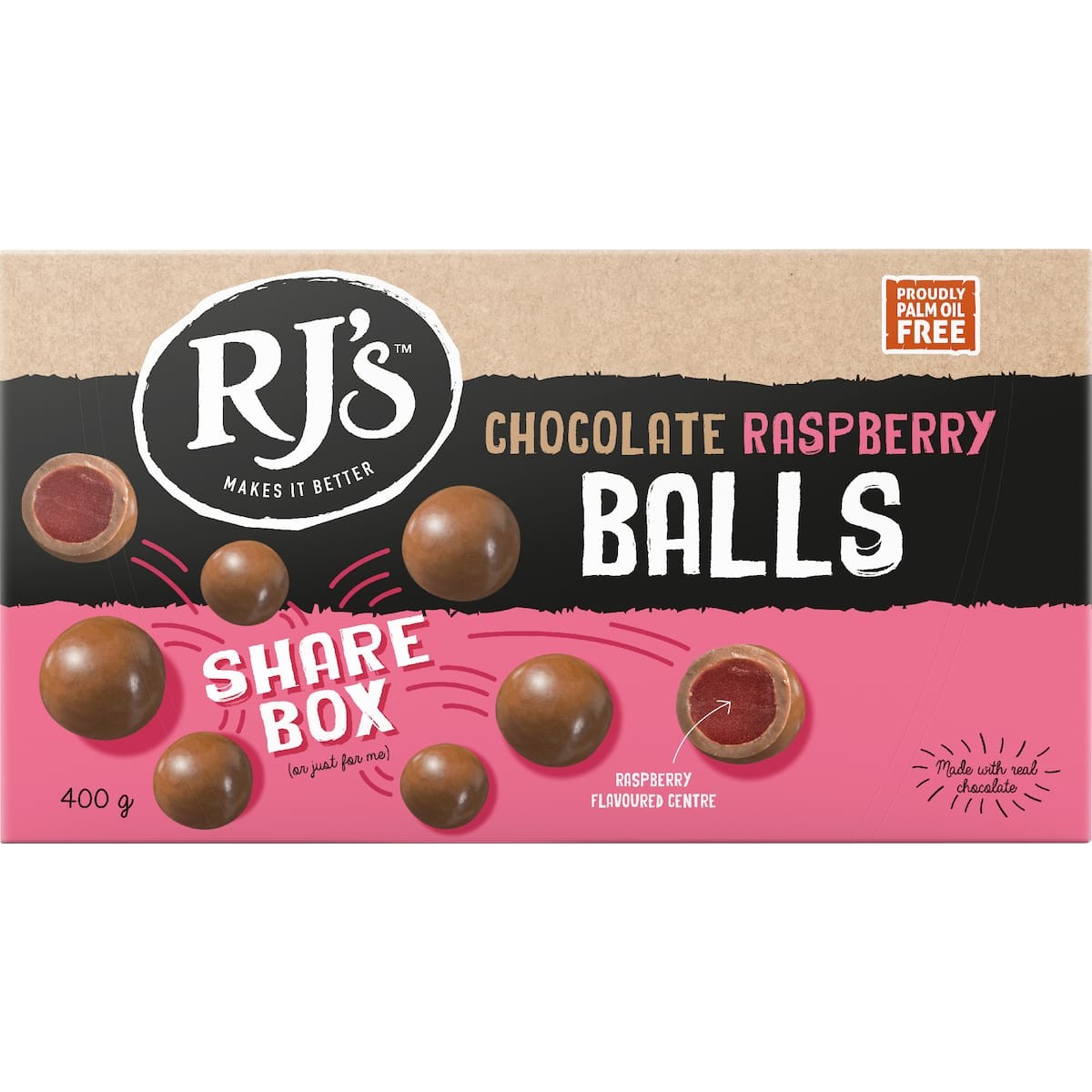 RJ's Chocolate Raspberry Choc Balls 400g gift box featuring chewy raspberry licorice centers covered in smooth milk chocolate.