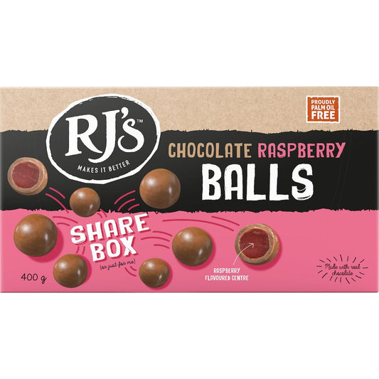 RJ's Chocolate Raspberry Choc Balls 400g gift box featuring chewy raspberry licorice centers covered in smooth milk chocolate.