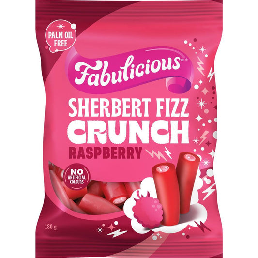 RJs Fabulicious Raspberry Sherbert Crunch 180g bag filled with soft raspberry licorice pieces featuring a fizzy sherbet center and a crunchy candy shell