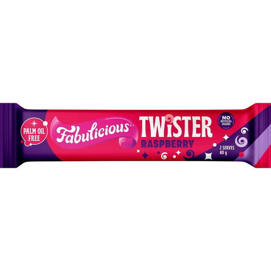 RJs Fabulicious Raspberry Twister 40g packaging displaying the iconic red and purple twisted chewy licorice candy from New Zealand
