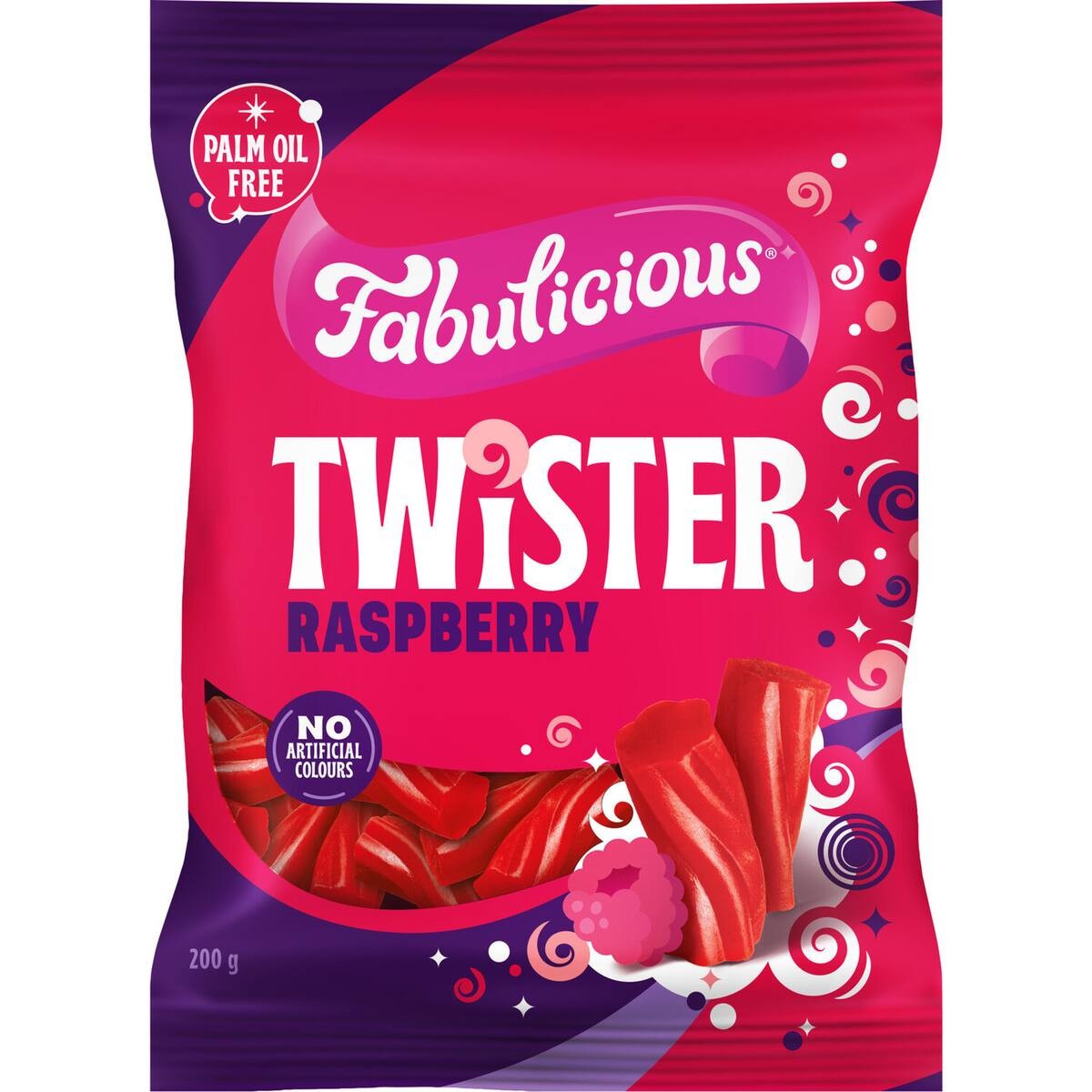 RJ's Fabulicious Raspberry Twister 200g pack featuring long red licorice twists with a soft white center.