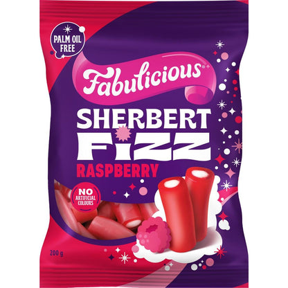 RJ's Fabulicious Sherbert Fizz Raspberry 200g bag of fizzy-filled licorice sticks from New Zealand