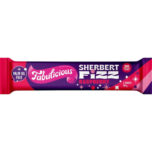 RJs Fabulicious Sherbert Fizz Raspberry 40g single bar package of soft New Zealand raspberry licorice with a fizzy sherbet center