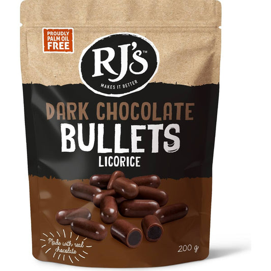 RJs Licorice Dark Chocolate Bullets 200g bag containing New Zealand bite-sized black licorice pieces coated in premium dark chocolate