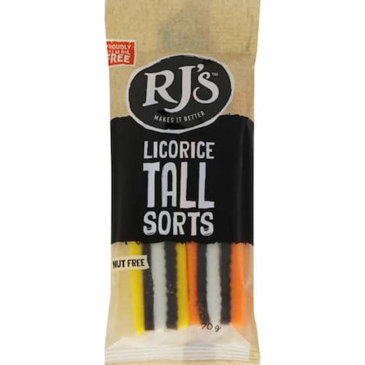 RJs Licorice Tallsorts 70g package containing long layered licorice allsorts bars with colorful outer blankets and a chewy black licorice center