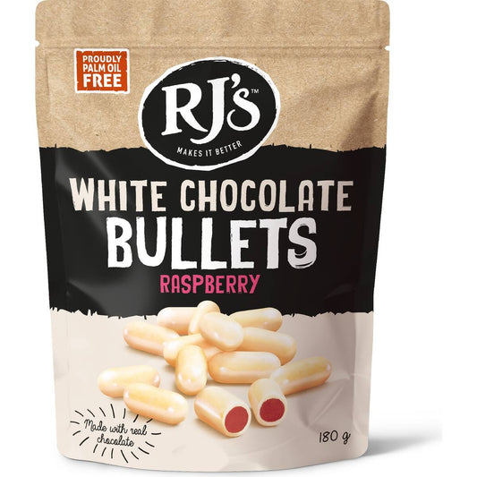 RJs Licorice White Chocolate Raspberry Bullets 180g bag containing New Zealand bite-sized raspberry licorice pieces coated in creamy white chocolate