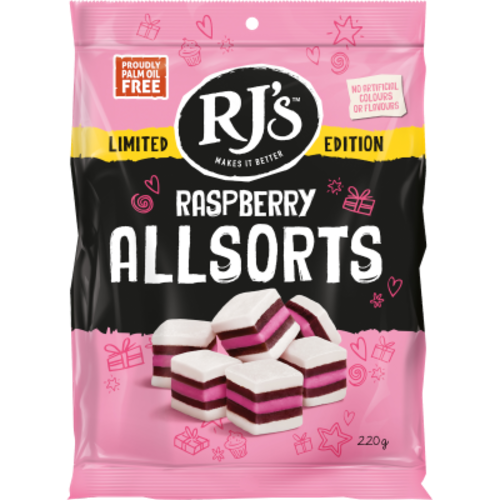 RJs Raspberry Licorice Allsorts 220g bag with layered soft raspberry fondant and coconut sweet licorice made in New Zealand.