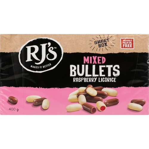 Rjs Bullets Licorice Mixed Raspberry 400g