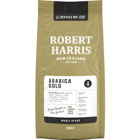 A 200g bag of Robert Harris Arabica Gold whole coffee beans featuring a medium roast blend of 100 percent Arabica beans.