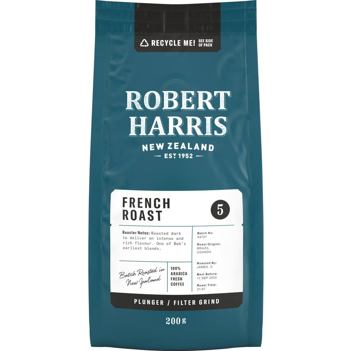 Robert Harris French Roast ground coffee in a 200g bag for plunger and filter brewing featuring a dark roast with notes of cherry and raisin.