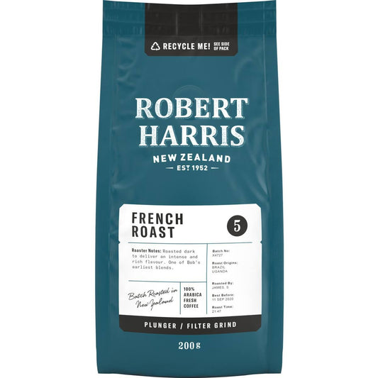 Robert Harris French Roast ground coffee in a 200g bag for plunger and filter brewing featuring a dark roast with notes of cherry and raisin.
