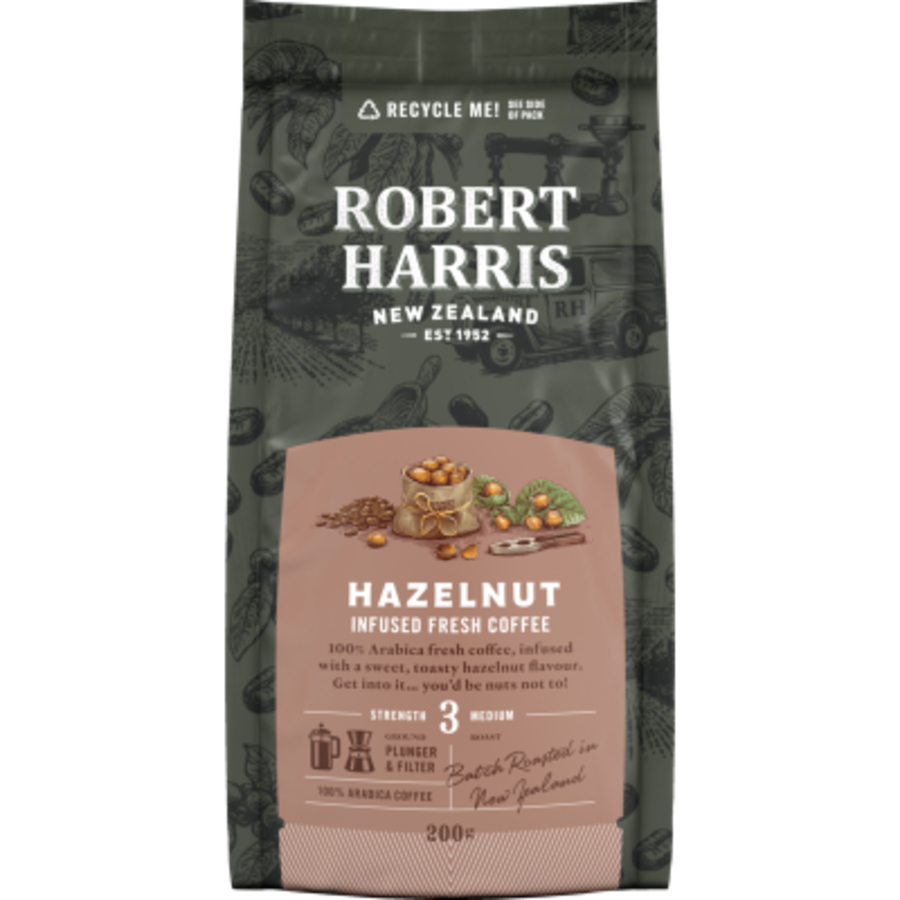 Robert Harris Hazelnut infused plunger and filter grind coffee in a 200g bag featuring a medium roast blend.