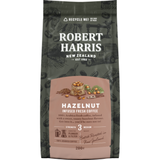 Robert Harris Hazelnut infused plunger and filter grind coffee in a 200g bag featuring a medium roast blend.