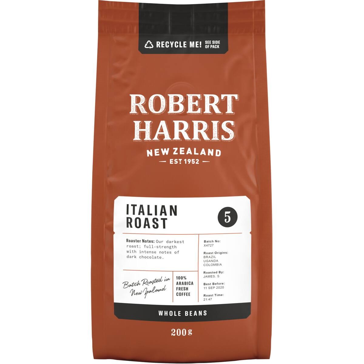 A 200g bag of Robert Harris Italian Roast whole coffee beans featuring a dark, intense roast with chocolate and blackcurrant notes.