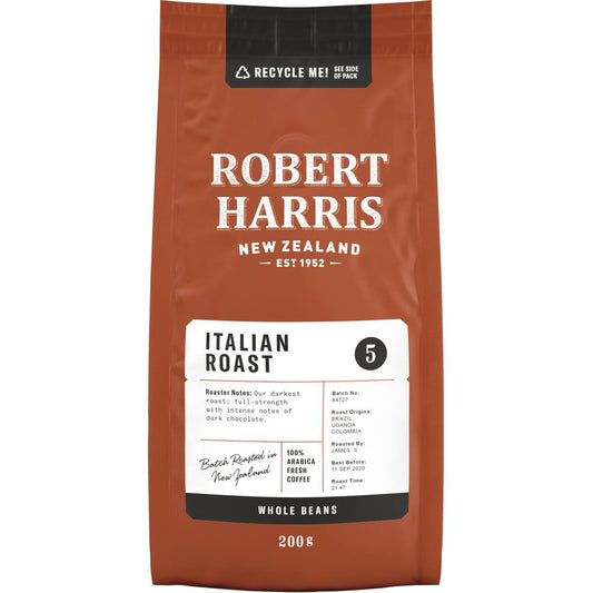 A 200g bag of Robert Harris Italian Roast whole coffee beans featuring a dark, intense roast with chocolate and blackcurrant notes.