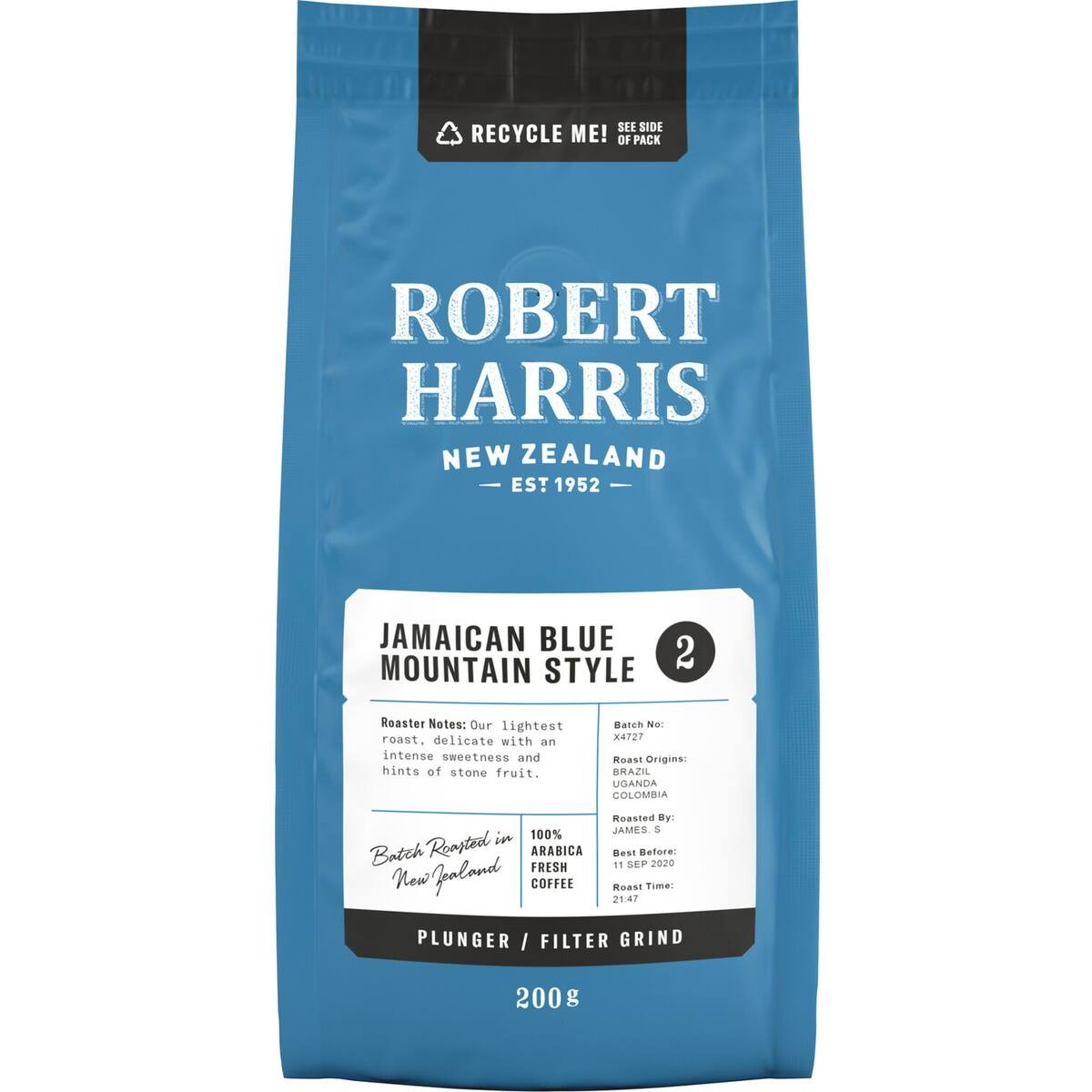 Robert Harris Jamaican Blue Mountain style ground coffee in a 200g bag for plunger and filter brewing featuring a mellow roast profile.