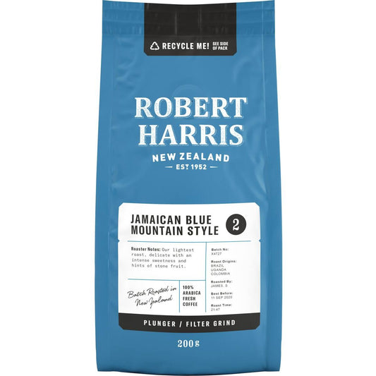 Robert Harris Jamaican Blue Mountain style ground coffee in a 200g bag for plunger and filter brewing featuring a mellow roast profile.