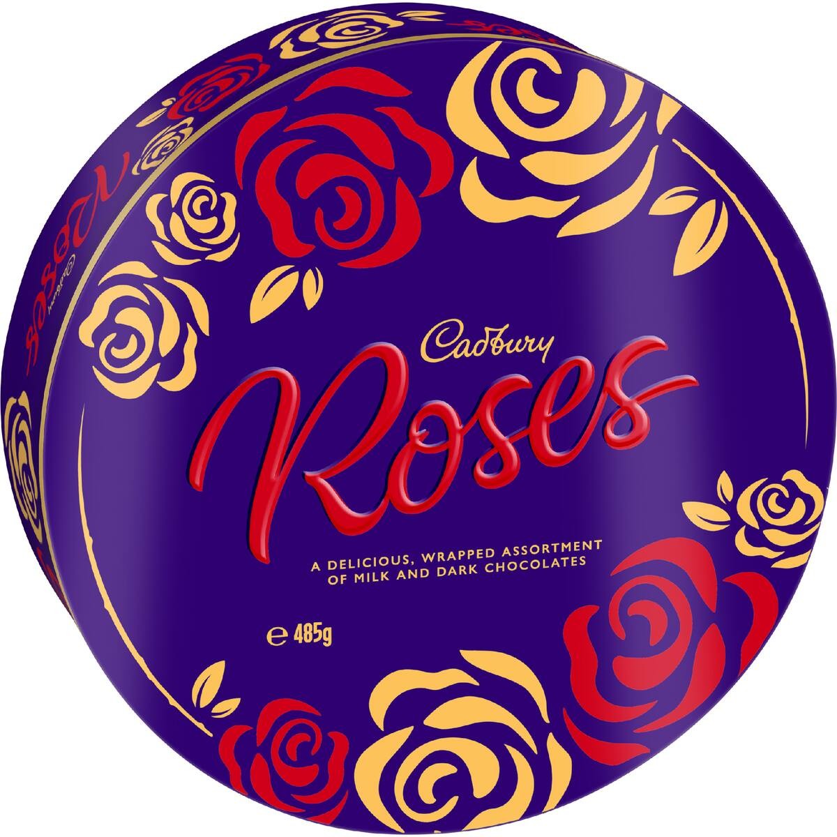 Cadbury Roses chocolate tin with floral design on a white background