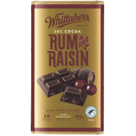 Whittaker's Rum and Raisin chocolate bar packaging on a white background