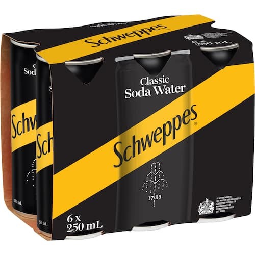 Schweppes Classic Soda Water six pack of 250ml cans from New Zealand