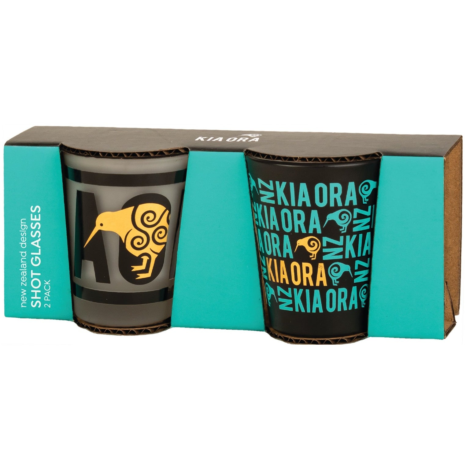 Set of 2 New Zealand souvenir shot glasses featuring Kia Ora text and silver fern design.