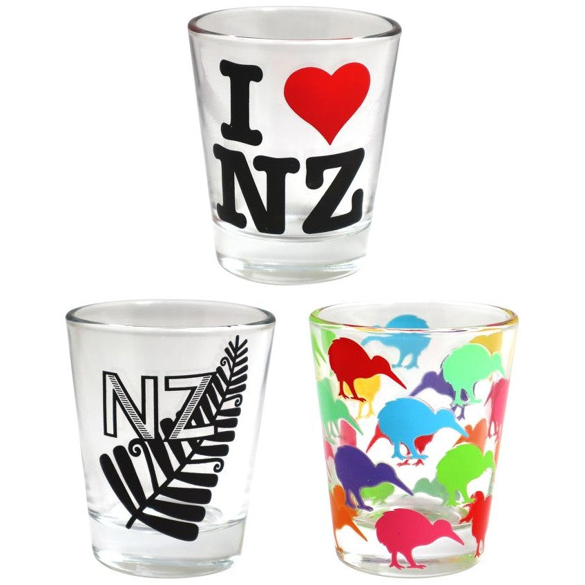 Assorted New Zealand souvenir shot glasses measuring 55ml featuring iconic Kiwi designs and symbols.