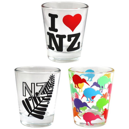Assorted New Zealand souvenir shot glasses measuring 55ml featuring iconic Kiwi designs and symbols.
