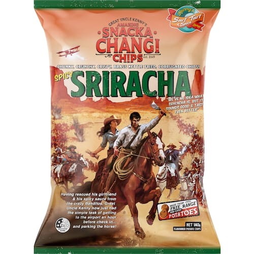 Bag of Snacka Changi Spicy Sriracha potato chips showing the iconic corrugated kettle-cooked style, imported from New Zealand