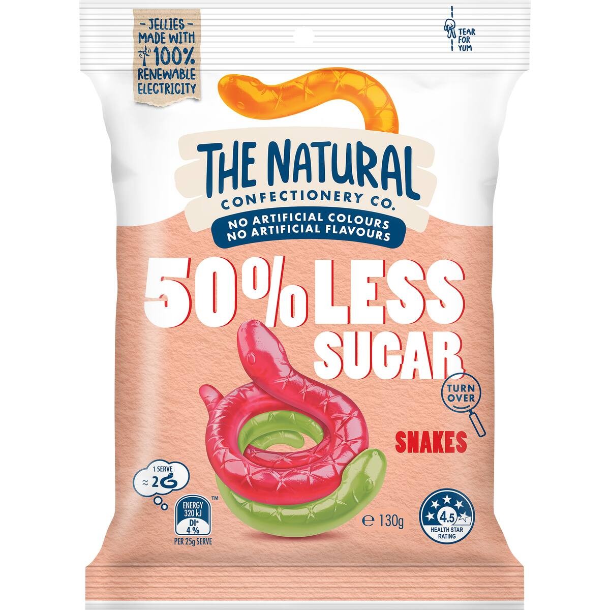 Packaging of The Natural Confectionery Co. 50% Less Sugar Snakes with a white background