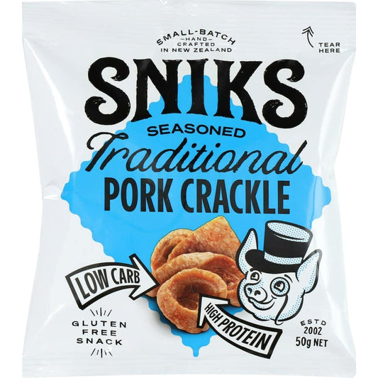 Sniks Pork Crackle 50g bag of seasoned bite-sized crispy pork rinds made in New Zealand