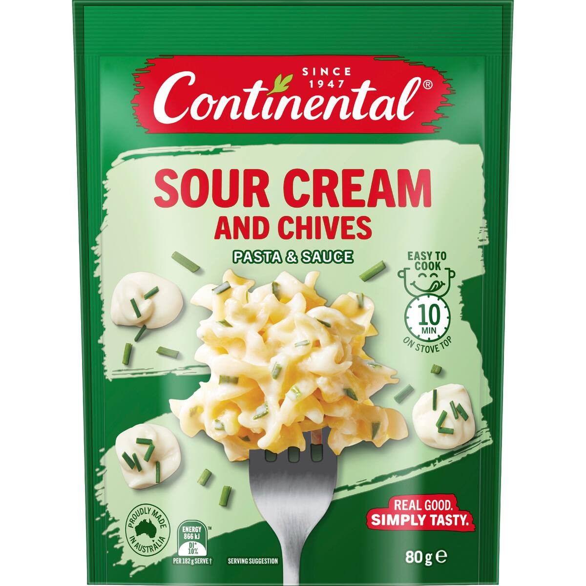 Packaging of Continental Sour Cream and Chives pasta & sauce with green background
