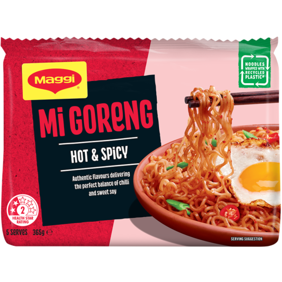 Maggi Mi Goreng Hot & Spicy noodles packaging with a bowl of noodles and egg on a white background