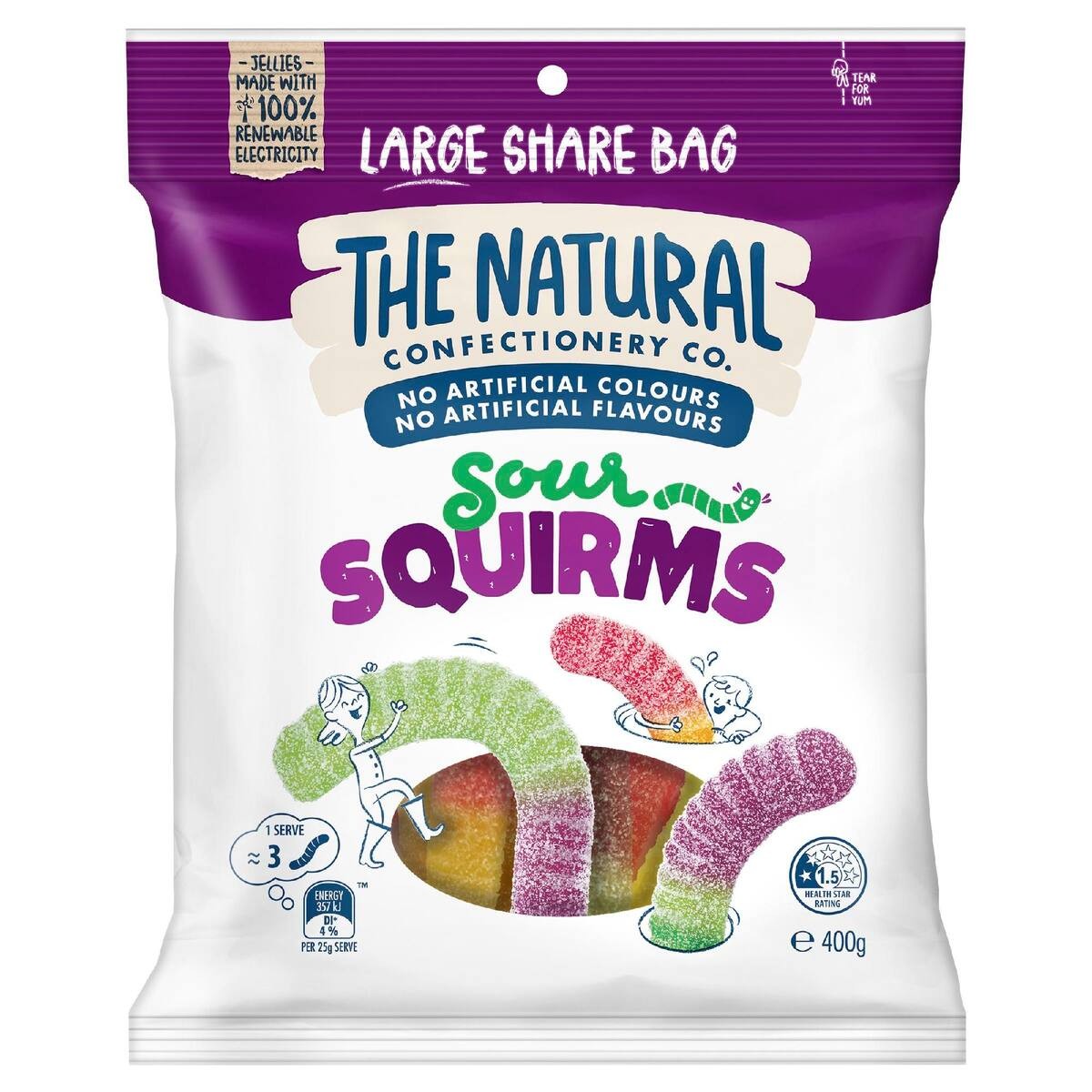 Packaging of The Natural Confectionery Co. Sour Squirms gummy worms on a white background
