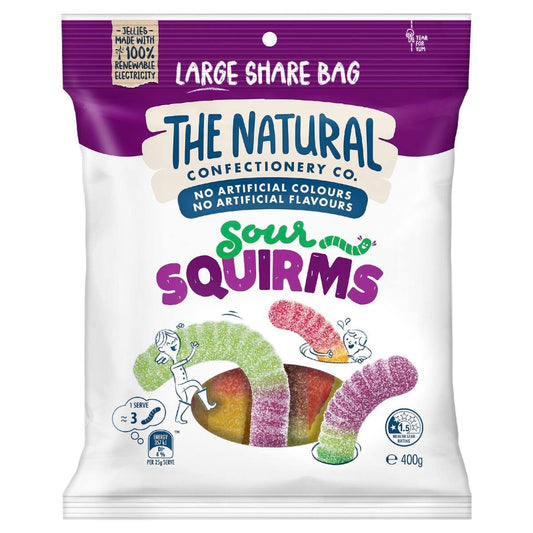 Packaging of The Natural Confectionery Co. Sour Squirms gummy worms on a white background