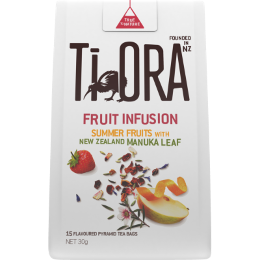 Ti Ora Fruit Infusion tea package with fruit illustrations on a white background